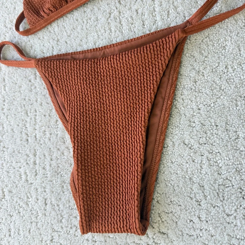 Monday Swimwear Bikini Set Women P/M Rust Brown Crinkle Triangle High Leg 12073